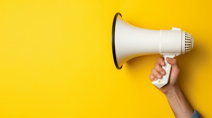 Male hand with a white hand-held loudspeaker on a yellow background. Notices and warnings on school and college campuses. Copy space.