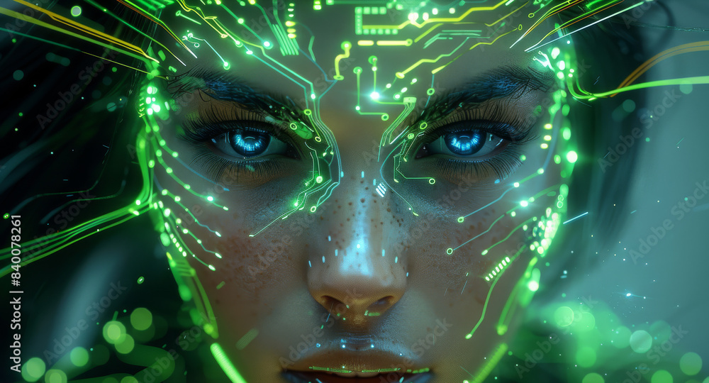 Poster glowing white eyes of female cyborg with long hair made from circuitry and green neon lines in the s