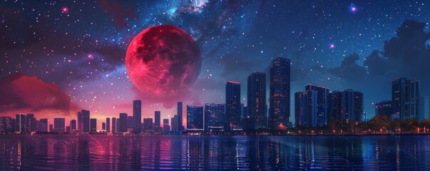 Obraz premium Miami Downtown With Blue Moon And Milky Way Fantasy Landscape