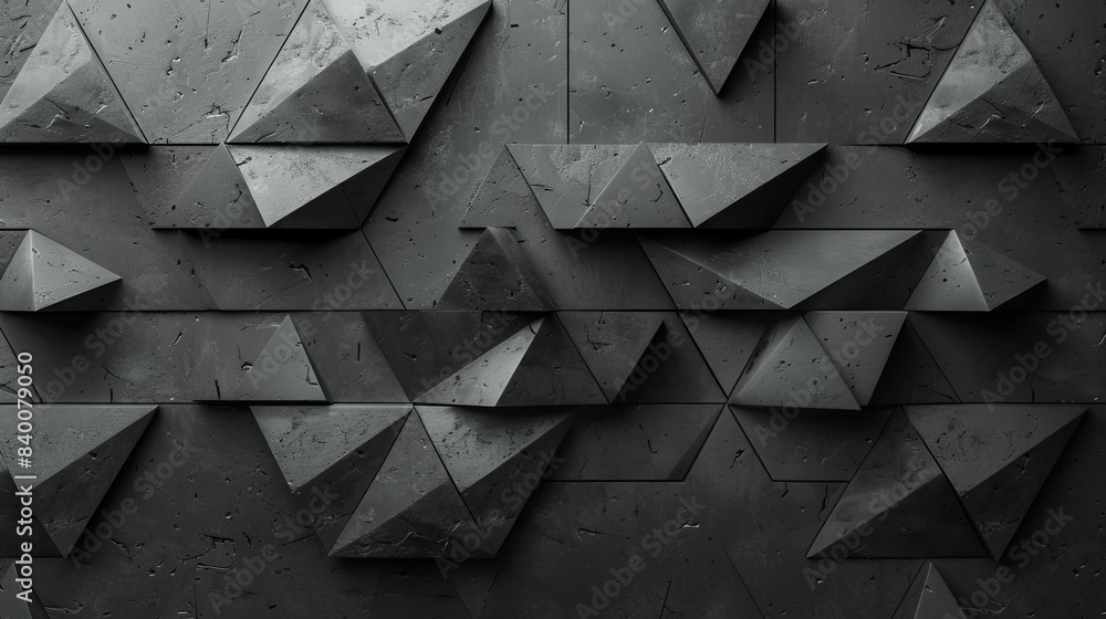 Poster 3d render of a dark grey wall with triangular shapes on a geometric background. the render is in the