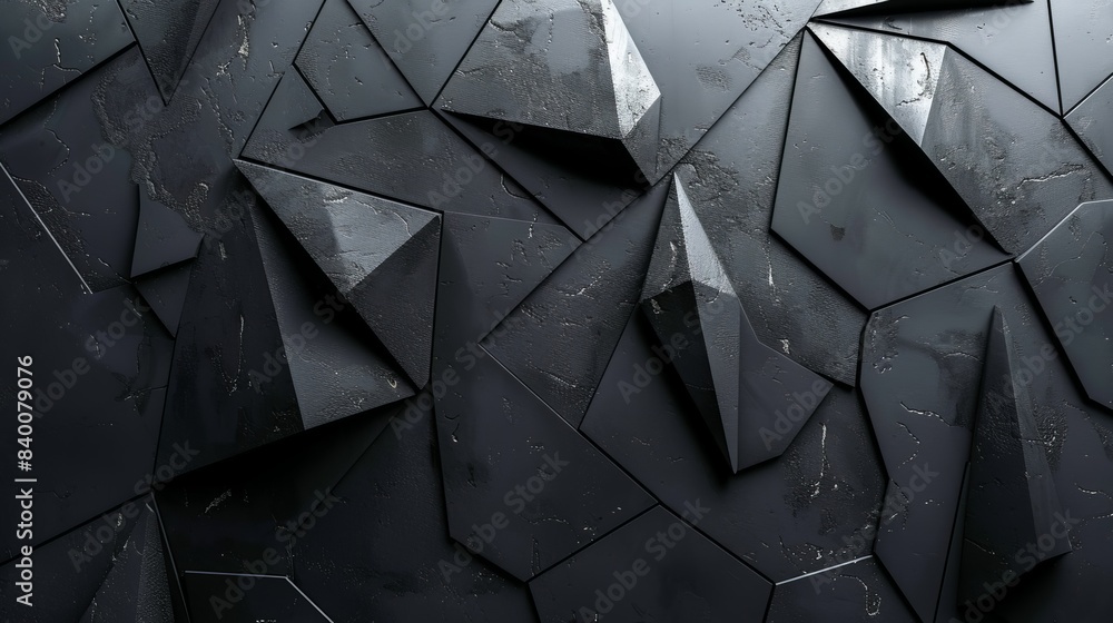 Poster 3d render of a dark grey wall with triangular shapes on a geometric background. the render is in the