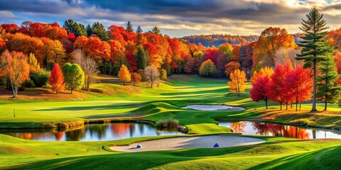 A tranquil golf course in the fall with colorful leaves covering the fairways , autumn, foliage, peaceful, scenic, golf course, nature, outdoors, landscape, trees, grass, serene, beauty