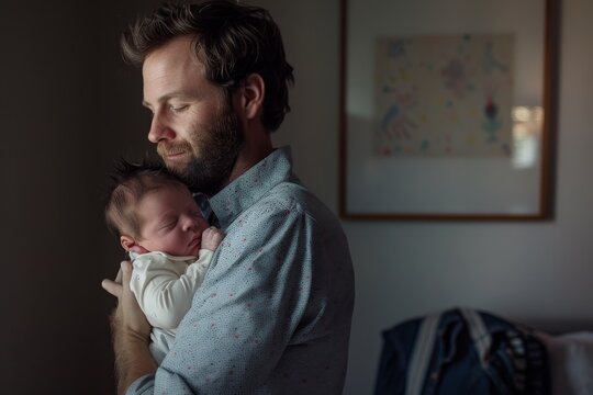 Father holds sleeping newborn girl in his arms and kisses her. Parent rocking child daughter son in hands. Single dad family life at home.