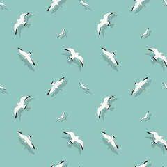 Summer white seagulls seamless pattern, mid century modern art, blue background