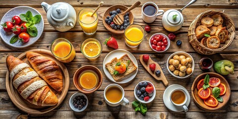 Breakfast spread on a rustic wooden table , morning, nutritious, food, meal, delicious, fresh, healthy, table setting, coffee, tea, fruit, toast, eggs, bacon, pancakes, orange juice