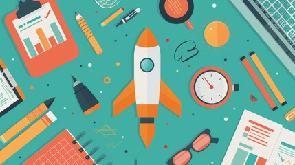 Modern startup planning solutions with flat design top view, innovative strategies in cartoon drawing