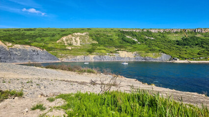 Chapman's Pool Cove,Dorset, UK from the west looking towards St Aldhelms Head in June 2024