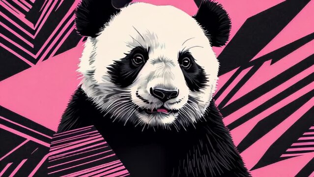 A close-up shot of a panda bears face against a pink and black striped background, background
