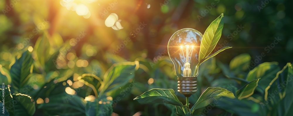 Poster lighting concept with energy-efficient lightbulb and small tree - electricity development concept