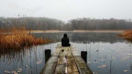 Obraz premium person sits at the end of a weathered dock, gazing out over a serene, mist-covered lake surrounded by autumn reeds