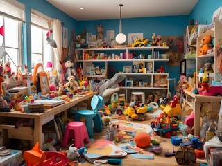 Messy kids room with a lot of toys everywhere