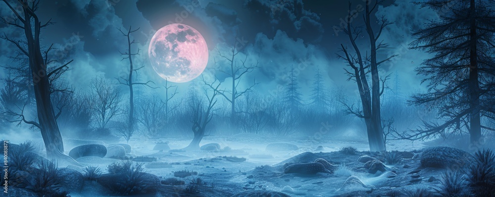 Poster nighttime fog in a spooky forest with a full moon on asphalt - abstract bokeh lights and tone filter