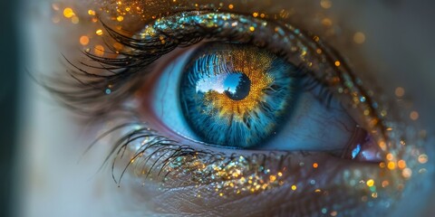 A close up of a womans blue eye with glitter makeup