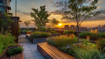 Fototapeta premium Generative AI creates a high angle view of a green roof garden in a big city.