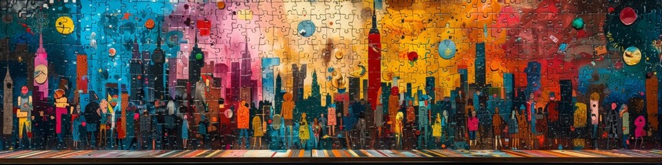 A large colorful painting depicting a city skyline at night
