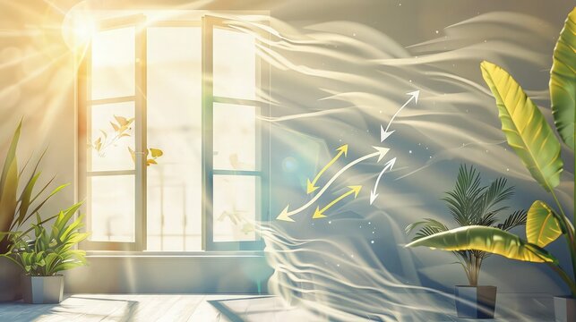 A modern illustration showing arrows representing clean air flowing through an open window into a sunlit room, with visible swirls of fresh air mingling with indoor plants.