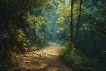 The sunlight filters through the trees along a woodland path