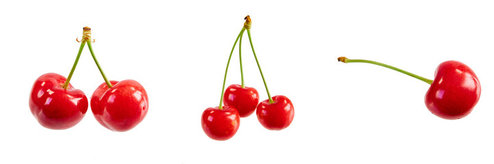 set of fresh red cherries isolated on white or transparent PNG