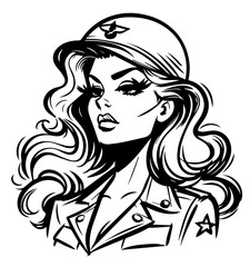 soldier pinup girl, beauty military pin-up woman black vector transparent background, monochrome cartoon illustration, army sketch character design