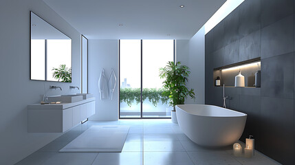 Fototapeta premium A modern minimalist bathroom with clean lines and a monochrome color palette, featuring floating vanities, frameless mirrors, and hidden storage solutions for a tidy look.
