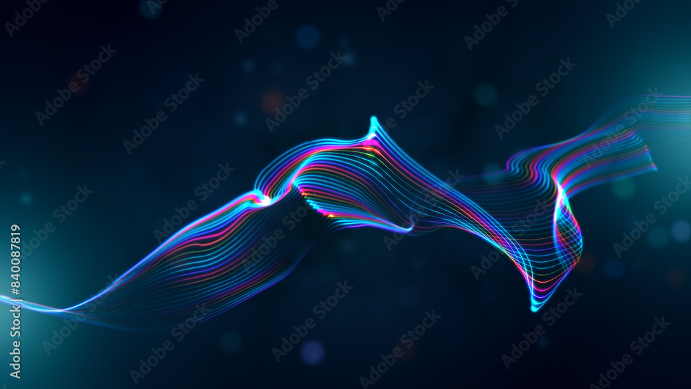 Poster abstract blue colorful shiny flowing turbulence wavy lines with lens flares on flying blurry hazy gl