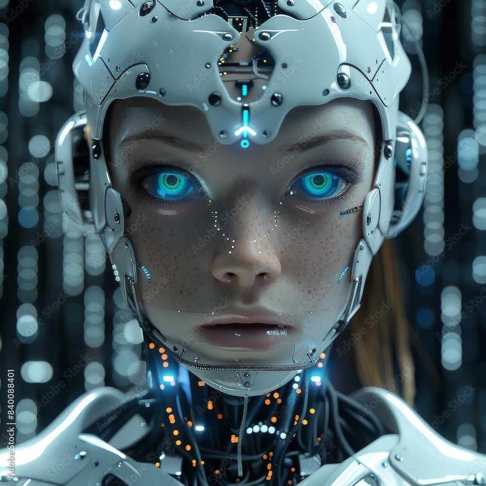 Poster a portrait of an ai robot woman with glowing blue eyes and white skin, wearing futuristic attire aga