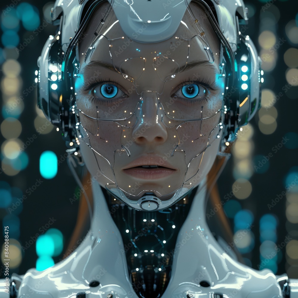 Aufkleber a portrait of an ai robot woman with glowing blue eyes and white skin, wearing futuristic attire aga