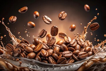 Flying coffee beans in motion with splashing liquid, coffee, beans, motion, flying, splash, liquid, beverage, caffeine
