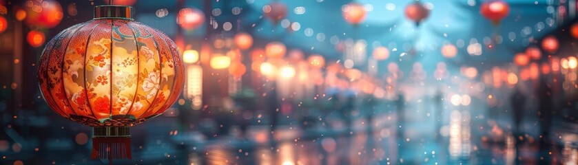 Close up of Chinese red lantern in the night of Chinese New Year of happiness Street backgrounds with copy space, Spring festival, lunar new year celebration banner