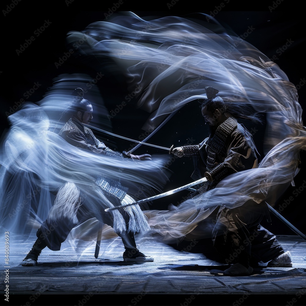 Wall mural Motion blur of two warriors, fighting scene with swords, black background. Generative AI.