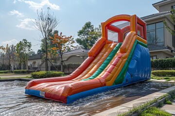 Inflatable bounce house water slide in the backyard, Colorful bouncy castle slide for children playground