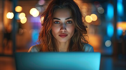 Fototapeta premium Female businesswoman with laptop in studio. Generative Artificial Intelligence