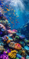 Naklejka premium 16 Coral habitat, colorful marine creatures, sun rays filtering, high resolution, wide-angle