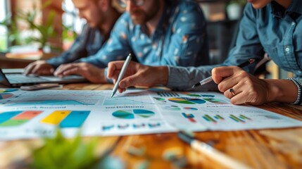 Obraz premium The business team collaborated on working with financial data and marketing growth reports, making presentations and brainstorming for strategy planning.