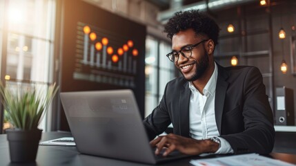 Printed on a laptop in an office by a man working on a marketing growth strategy. Innovation, mission and vision by an employee working on a company development project.