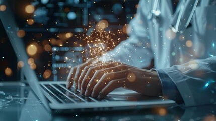 A close-up image of a doctor using a laptop with generative artificial intelligence
