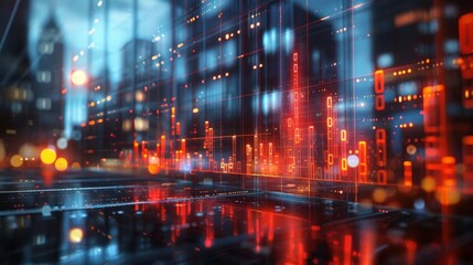 Fototapeta premium Two-sided exposure of virtual financial diagram on contemporary business center exterior background, banking and accounting concept