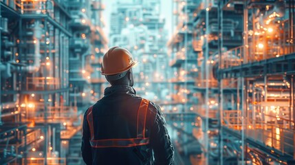 Engineering project with double exposure graphic design for a future building construction project. Building engineers, architects, and construction workers using advanced civil equipment