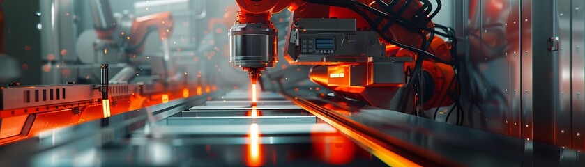 Naklejka premium Hightech machinery cutting wide flange Hbeams, side view, highlighting manufacturing techniques, cybernetic tone, complementary color scheme