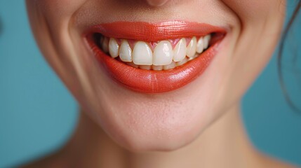 Infrared images of teeth, smile and mouth of an elderly woman isolated on a blue background in a dental studio. A healthy, happy and generative AI model showing the results of teeth whitening.