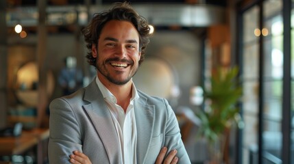 Businessman grinning with satisfaction as he stands in an office of a startup company.