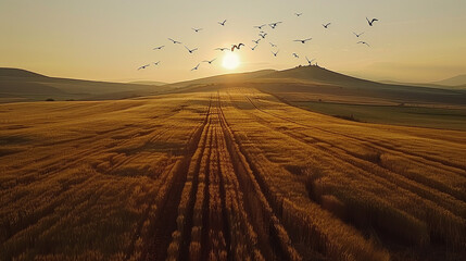 Obraz premium Golden Wheat Fields at Sunrise with Birds Flying Over Rolling Hills