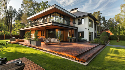 A wooden terrace in the backyard of a country house, surrounded by greenery and blooming flowers, providing an ideal place to relax outdoors.