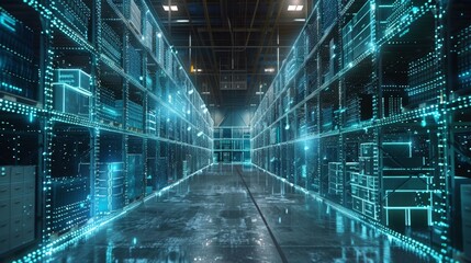 Future VR warehouse management technology. Concept of smart technology for global industrial revolution and automated logistic control.