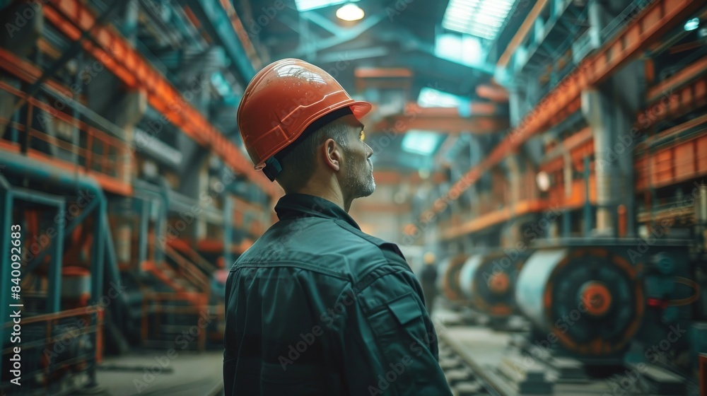 Poster industrial engineers wearing hard hats.work in an industrial factory. industrial worker indoors. man