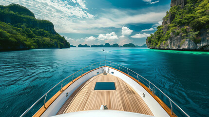 Fototapeta premium Luxury yacht nose with wooden deck in paradise exotic island bay