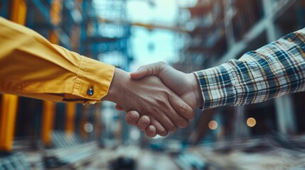 As they visit a building site with generative artificial intelligence, two co-workers shake hands