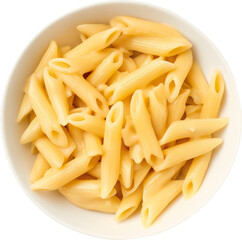Close up overhead view of a bowl of cooked penne pasta isolated on transparent background.