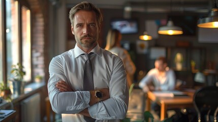 Fototapeta premium He stands arms crossed with a colleague and exudes confidence, success, and leadership. Management, picture, and vision of a male worker.