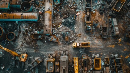 Aerial View of Industrial Construction Site with Heavy Machinery and Equipment in Operation, Capturing the Dynamic and Busy Atmosphere of a Large-Scale Development Project